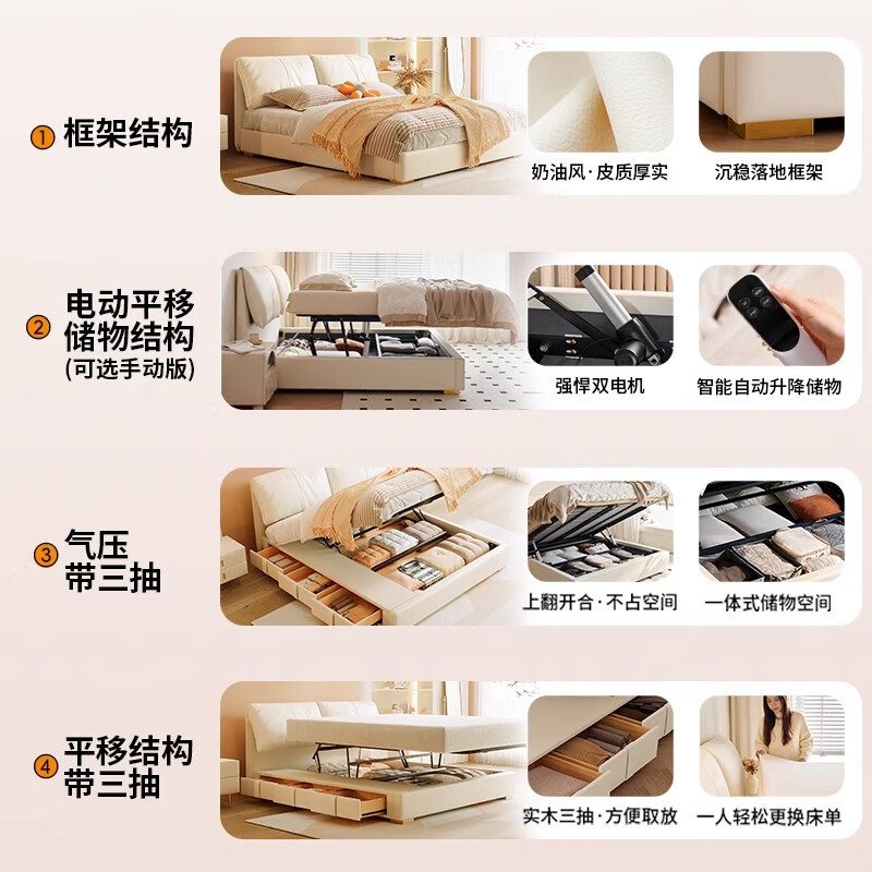 Winter Bear Elephant Ear Leather Bed, Relaxing, Simple and Modern Double Master Bedroom High Box Electric Storage Bed Soft Covered Wedding Bed First Layer Cowhide/Fully Solid Wood Beech Wood Framework 1500mm*2000mm Electric Sliding Storage