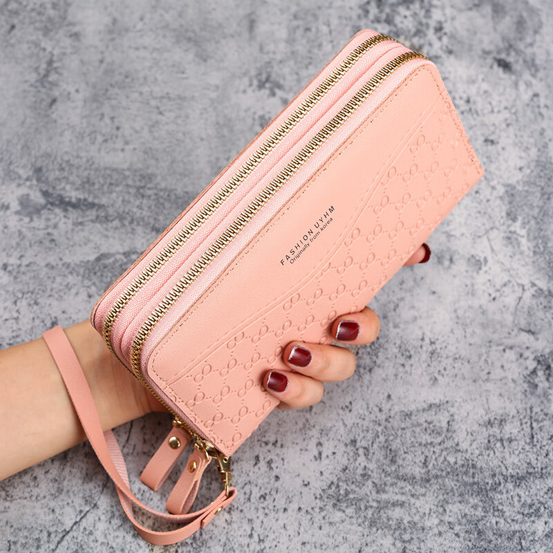 Muni 2026 New Wallet Women's Long Zipper Wallet Embossed Large Capacity Mom Mobile Phone Coin Clutch Passport Double-layer Zipper Wallet Pink 19.5*3.5*10