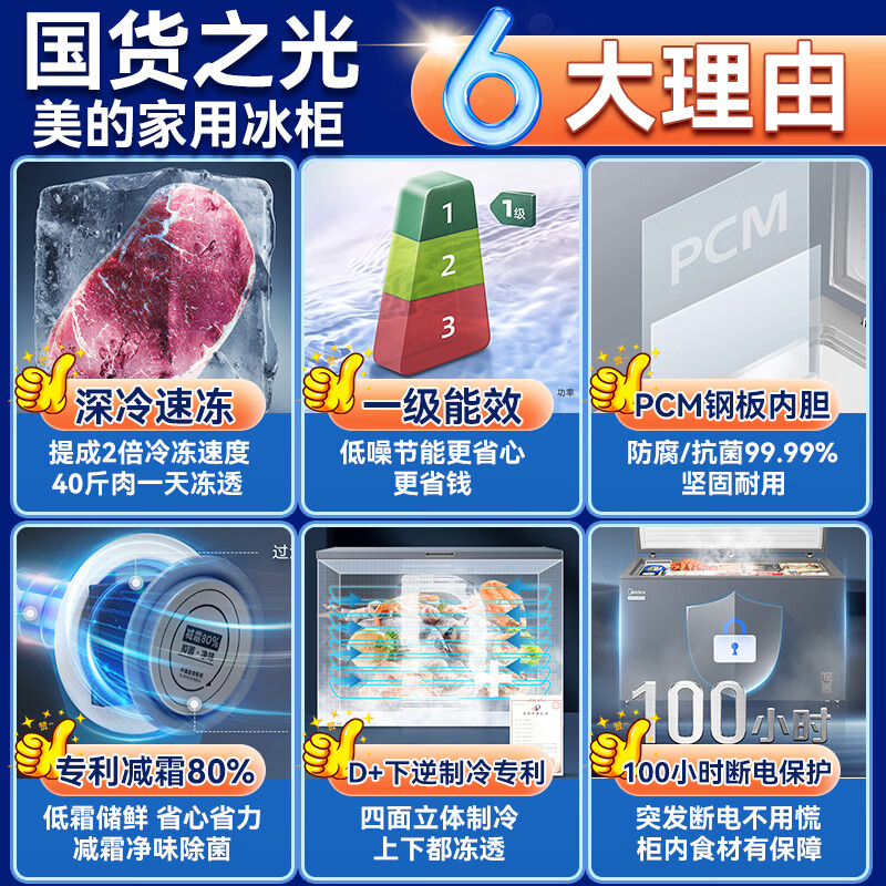 Midea 300 liters and above freezer household small freezer large capacity freezer commercial - 40 degree seafood special cabinet cryogenic quick freeze cabinet single temperature horizontal tea refrigerator freezer 360 liters upgraded frost reduction and odor-free PCM steel plate liner