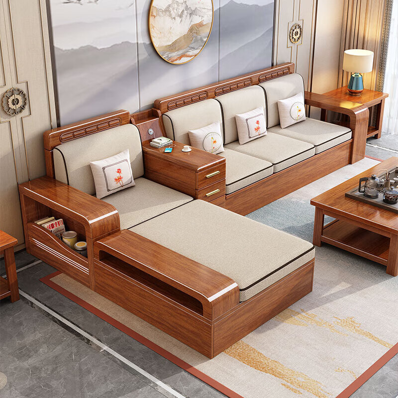 Jiasenmuyu walnut solid wood sofa combination modern Chinese style living room for winter and summer use small apartment high box storage furniture four seats + imperial concubine + coffee table + TV cabinet basic version cotton and linen cover + sponge