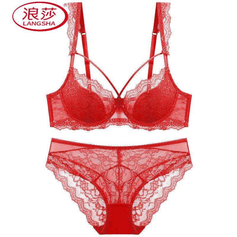 LangSha Breast-Reducing Anti-sagging Thin Cotton Large Size E Cup Breathable Push-Up Bra Set Big Breasts Show Small Bra Summer Red L 80C=36C With Panties