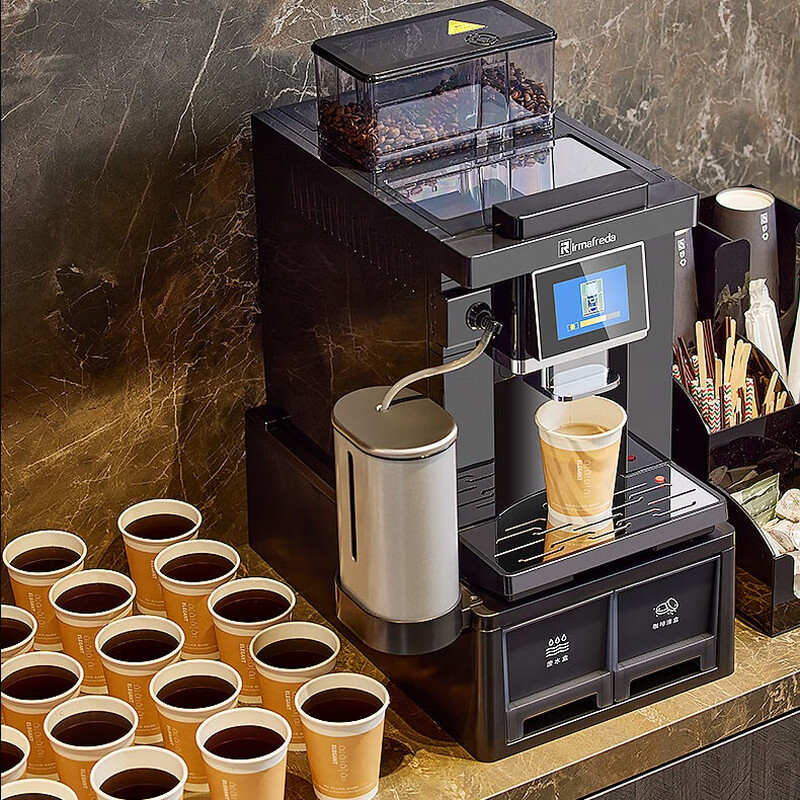 Irmafreda commercial fully automatic coffee machine grinder all-in-one machine office business hotel equipped with professional Italian imported pump continuous cup dispensing double boiler self-cleaning flagship set (commercial machine + smart milk refrigerator + ice machine + cup holder)