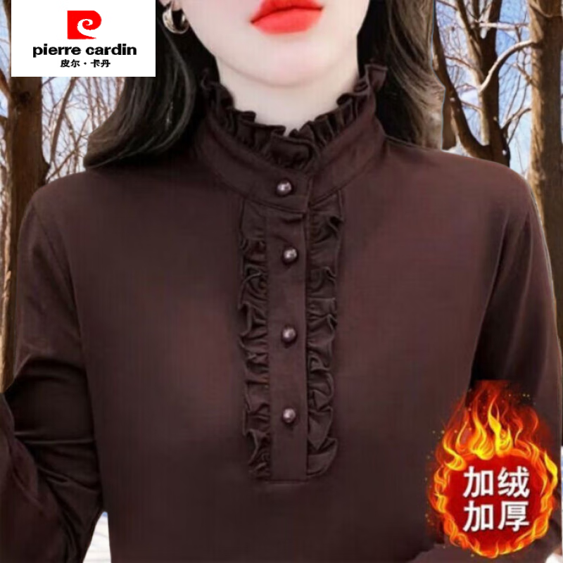 Pierre Cardin Tiansui 2025 winter new product ruffle color top plus velvet thickened slim fit warm T-shirt fashion welfare price YMWG-975 red counter high quality 4XL recommended 150-165 pounds