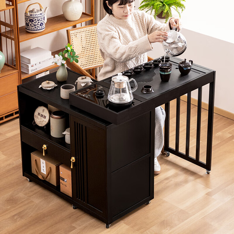 Trojan mobile tea table small tea table kettle all-in-one home balcony leisure living room coffee table tea table multi-function 80 long - black gold stone panel + tea making appliances + tea set