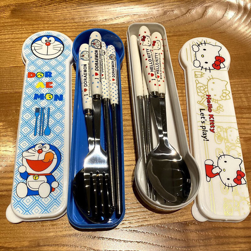 Magic Bean Shenghuo Cute Cartoon Hello Kitty Chopsticks and Spoon Three-piece Stainless Steel Set Portable Travel Tableware for Office Workers and Students Hello Kitty Spoon and Chopsticks Two-piece Set + Box