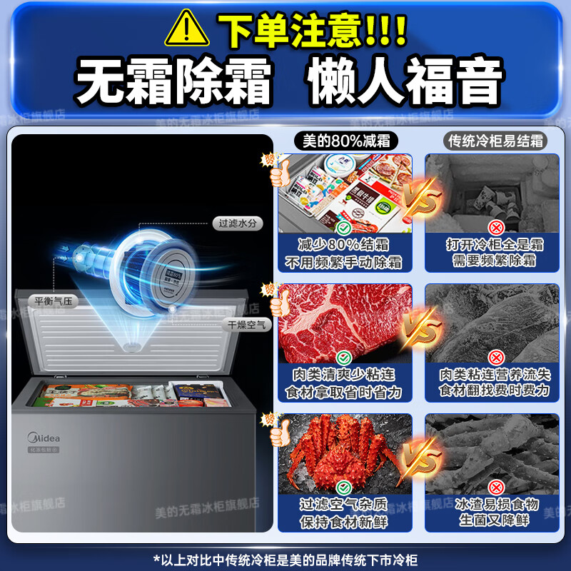 Midea 200/300 liter freezer small household non-frost-free freezer refrigeration / freezing dual-purpose minus-30 degree cryogenic first-class energy efficiency energy-saving small refrigerator home appliance subsidy freezer 200 liters hot model holds 280 pounds of meat, high cost performance