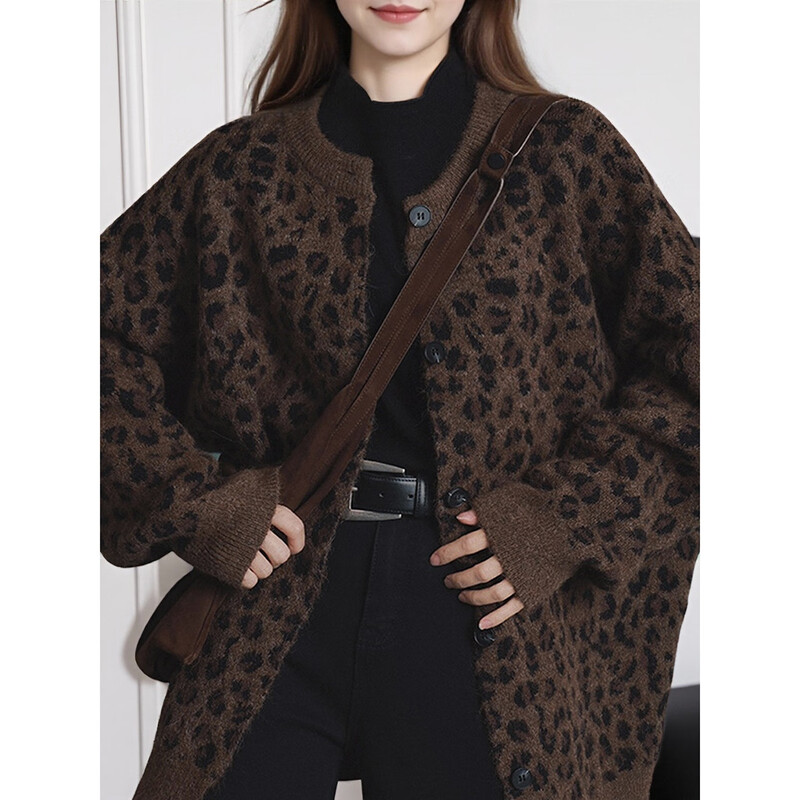 TonLion 2025 Autumn and Winter Retro Leopard Pattern Round Neck Loose Cardigan Jacket for Women