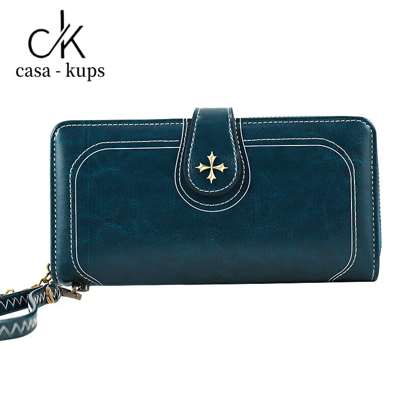 Casa-kups genuine leather wallet women autumn niche design women's long style 2025 new women's clutch large capacity hand peacock blue