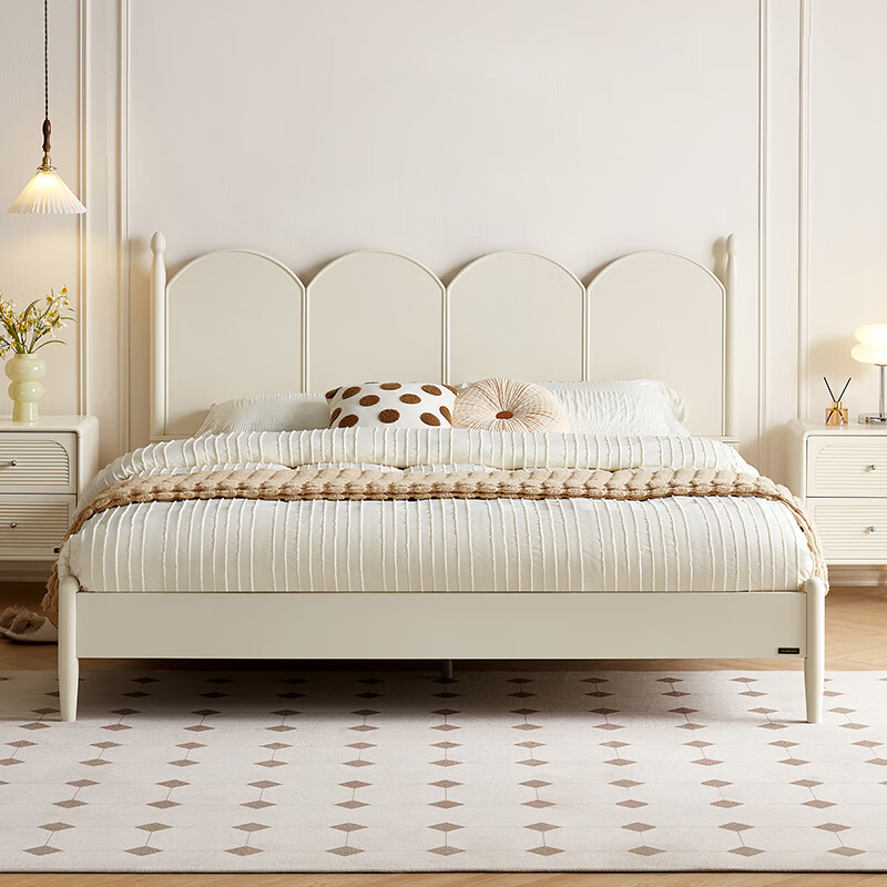 Quanyou Home French cream style solid wood high bed master bedroom household panel bed 1.8m x 2m double bed