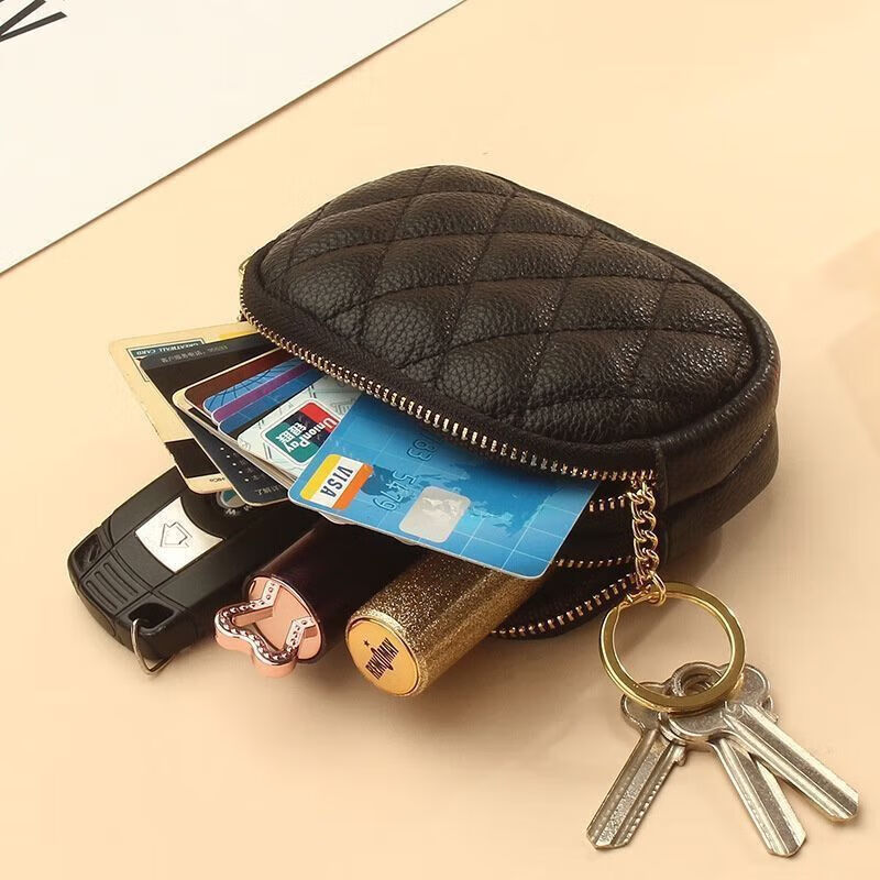 Good and cute 2024 new double-layer zipper bag genuine card bag mini small wallet key bag coin bag clutch bag coin purse black small card bag ordinary style-no protection function