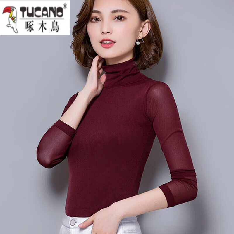 Woodpecker high collar mesh bottoming shirt for women spring and autumn new solid color long-sleeved T-shirt lace shirt slim plus velvet top for women black black thin M 85-95 pounds