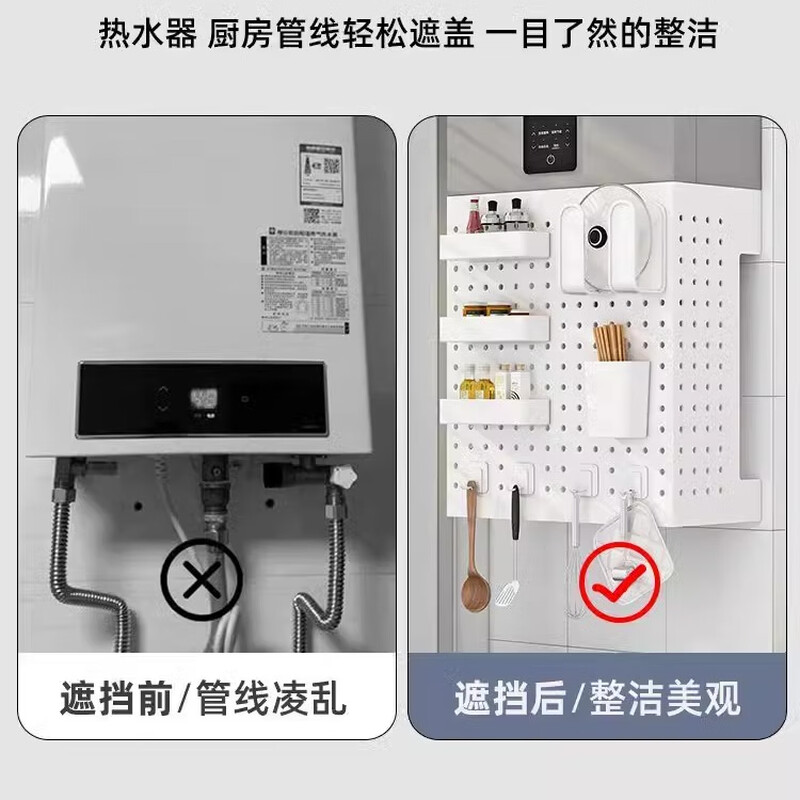 Harvest kitchen pipe shielding cover without drilling hole plate wall-mounted natural gas pipeline baffle gas water heater to hide the ugly hook style 35*30*15 round hole splicing style hole cover 4 hooks included