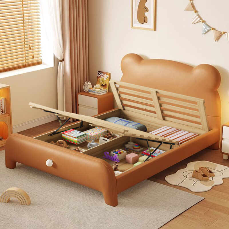 Cream style bear leather bed small apartment second bedroom single bed 1.5 meters children's bed boy girl princess bed new style bed + 20cm spring brown cushion free installation 1200mm*2000mm frame structure