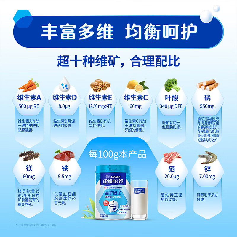 Nestle milk powder for adults, middle-aged and elderly milk powder Yiyang high calcium low GI gift for parents and elders gift 850g 2 cans of protective factor formula