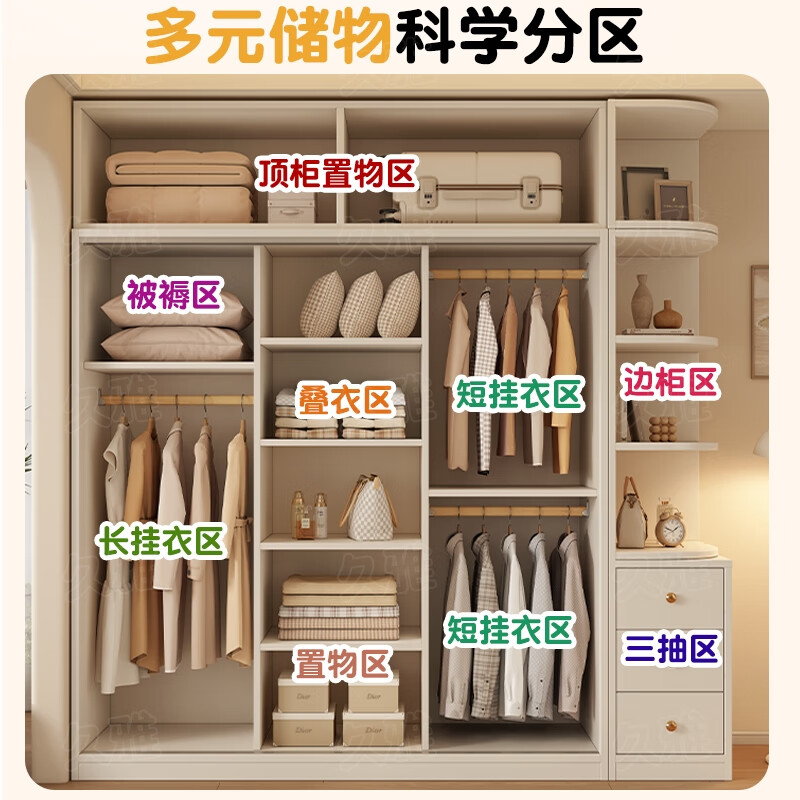 Jiuya package installation wardrobe bedroom home sliding door cream style combination cabinet practical wardrobe wooden large wardrobe 100*200*50 main cabinet