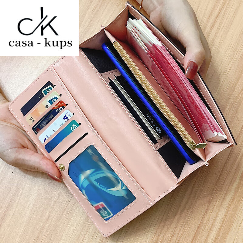 Casa-kupsCK genuine leather wallet women's thin 2025 new niche design large capacity wallet card holder long mobile phone bag two SG gray 10 card slots - can hold mobile phones