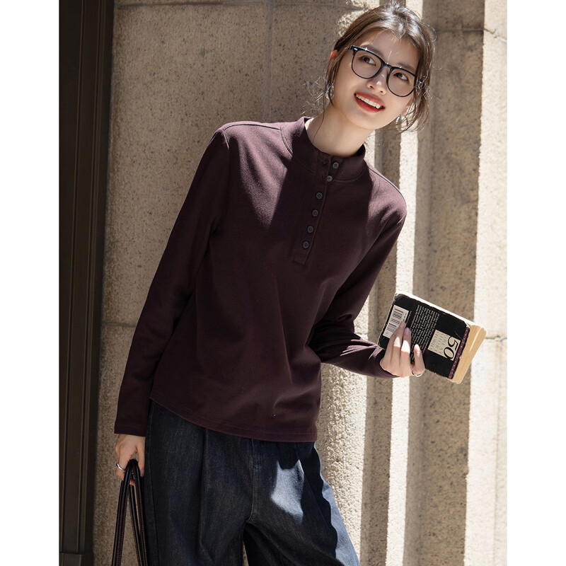Demana 220G liter warm ginger velvet winter warm round neck button half placket solid color splicing women's T-shirt