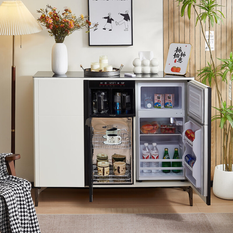 Smart tea bar machine with refrigerator integrated storage cabinet fully automatic sideboard water dispenser for living room and office with voice milk white hot and cold type three doors with refrigerator for disinfection 1170*400*970