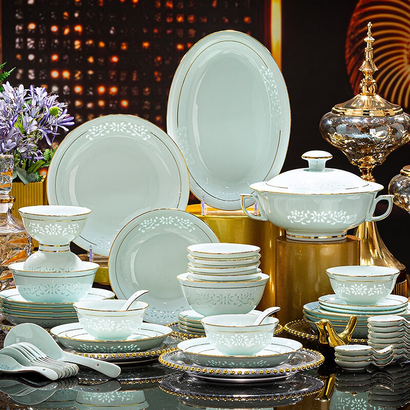Yueyantingge Jingdezhen underglaze celadon exquisite porcelain bowl and dish set household bone china tableware set wedding housewarming gift gold-painted jadeite exquisite 68 pieces for 10 people