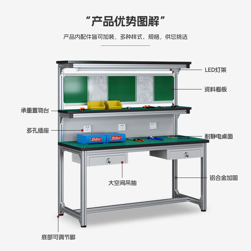 Kegan diy aluminum alloy anti-static workbench aluminum profile operating table computer table workshop factory assembly line assembly table repair table can be customized including accessories 1600*600*1600 double drawer