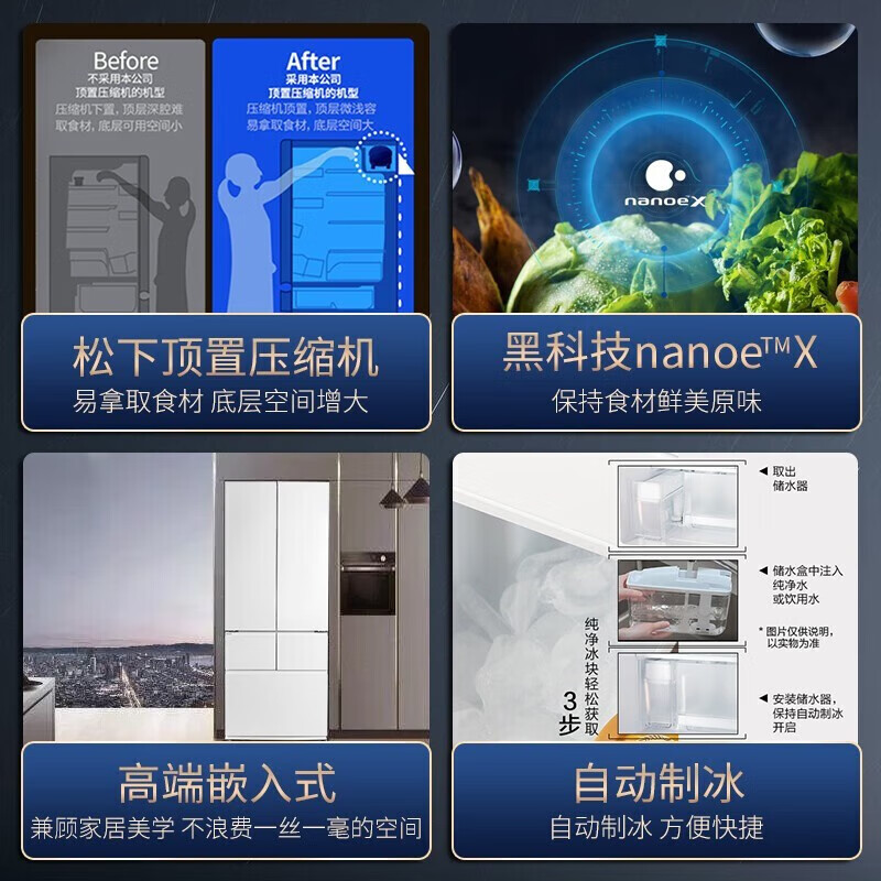 Panasonic Refrigerator 453L 58CM Depth Slim Embedded Inverter Air-cooled Multi-Door Refrigerator Automatic Ice Making Level 1
