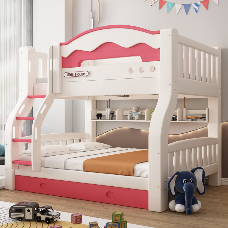 Solid wood double bed and bunk bed, two-story multi-functional bunk bed combination bed, high and low bed, bold and thickened children's bed, cabinet ladder, upper bed width 130 cm, lower bed width 150 cm (comes with bookshelf)