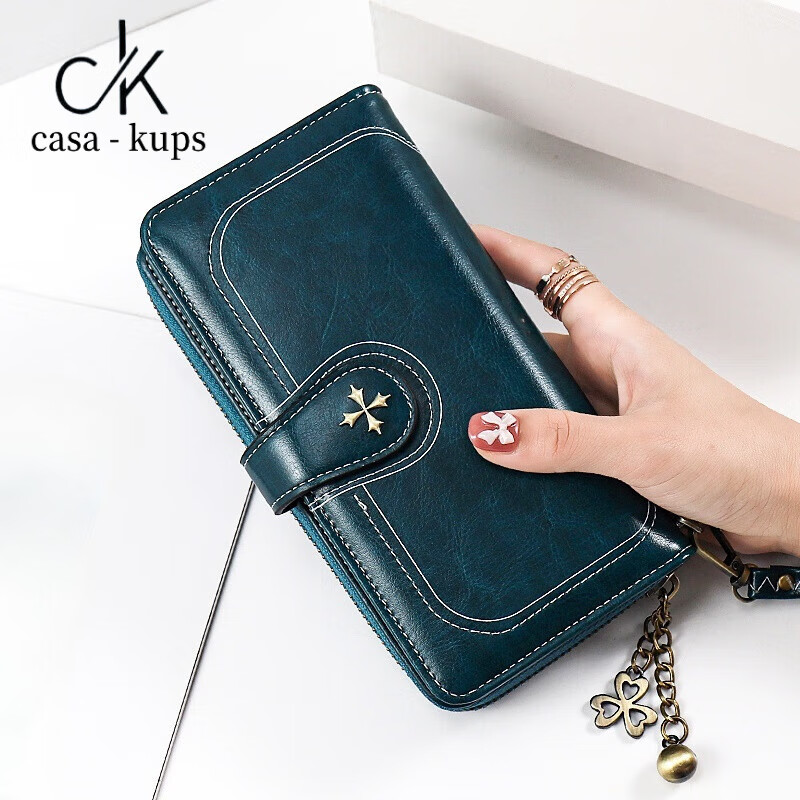 Casa-kups genuine leather wallet women autumn niche design women's long style 2025 new women's clutch large capacity hand peacock blue