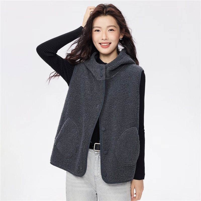 Giordano plush velvet vest for women autumn and winter new style Teddy velvet warm casual hooded vest jacket 05375869