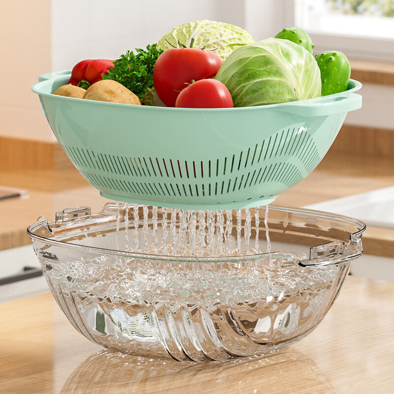 Qinkai living room large double-layer plastic sink drain basket vegetable basket kitchen storage basket shopping basket household fruit basin 281 large transparent blue single pack