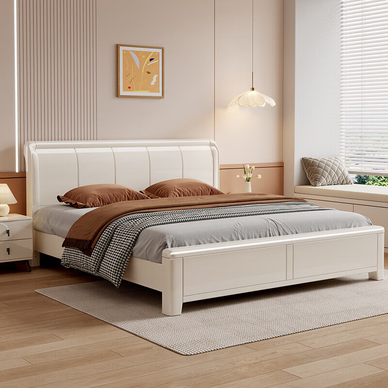 Nanzhu Bed solid wood bed cream style double bed 1.8 meters 2 meters mortise and tenon all solid wood bed master bedroom king bed MJ66#