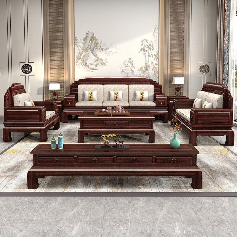 Muyouting Wujin wood new Chinese style all solid wood sofa living room winter and summer dual use simple log sofa small apartment combination set 1+2+3+ coffee table