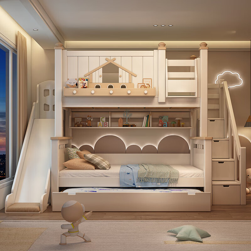 Fenlis all solid wood bed and bunk bed, children's bed, high and low beds do not interfere with each other, double bed and double bed with high guardrails, high and low bed + bookshelf + double drawers + ladder cabinet, bottom bunk 1.5*1.9 meters, upper bunk 1.2*1.9 meters