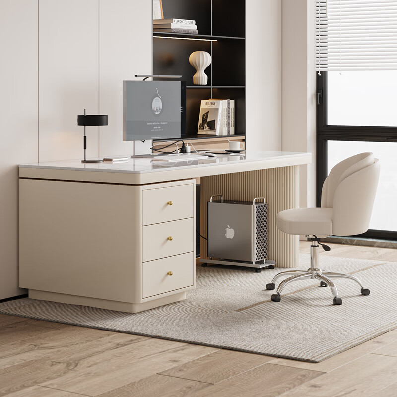 Verdanten minimalist modern style computer desk bedroom student study table new home slate desk study office writing desk off-white feet + off-white cabinet + Chanel glossy surface 160*60*75 single table with desktop row + threading hole + host position