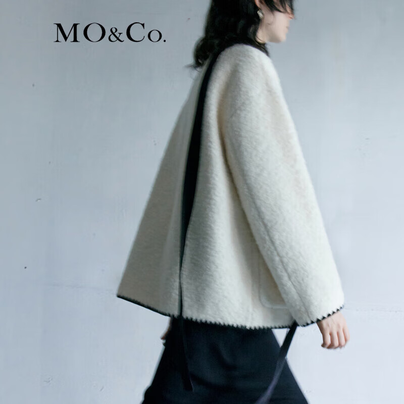 MO&Co. Black and white contrasting V-neck loose mid-length wool coat French women's style