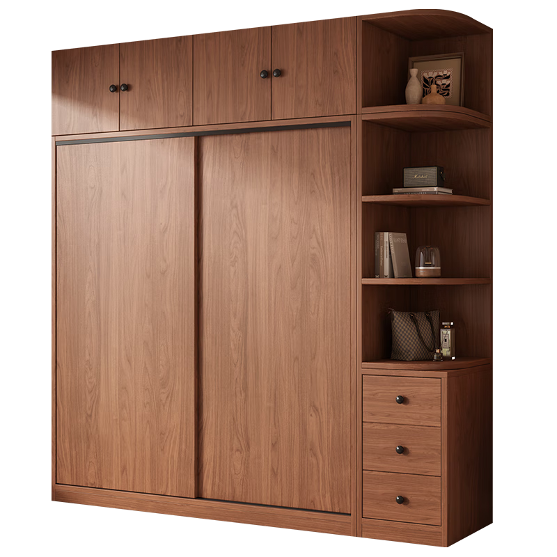 Huixun Free Installation Wardrobe Bedroom Wooden Furniture Sliding Door Walnut Color Home Storage Wardrobe Cabinet 160*200*50 Main Cabinet + Top Cabinet