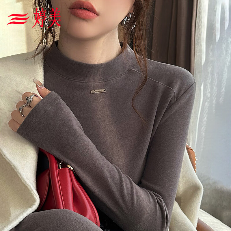 Tingmei half turtleneck brushed bottoming shirt for women, herringbone raglan autumn and winter warm inner layer, slim and stylish, can be worn outside T-shirt top