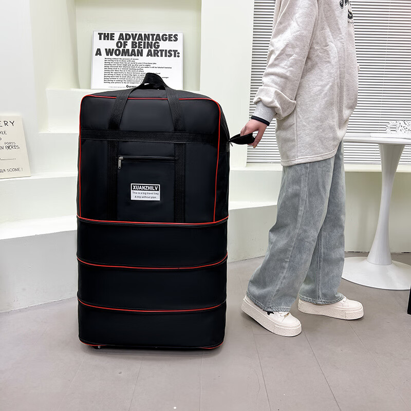 German student luggage bag, on-campus quilt storage bag, large capacity luggage bag, travel bag with wheels, extra large black, three-layer expansion, universal 6 steel wheels