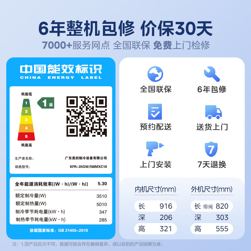 Midea air conditioner full wind 1.5 HP new first-class energy efficiency inverter Feng Zun second generation carpet heating double row copper tube evaporator air conditioner hanger KFR-35GW/N8MXC1