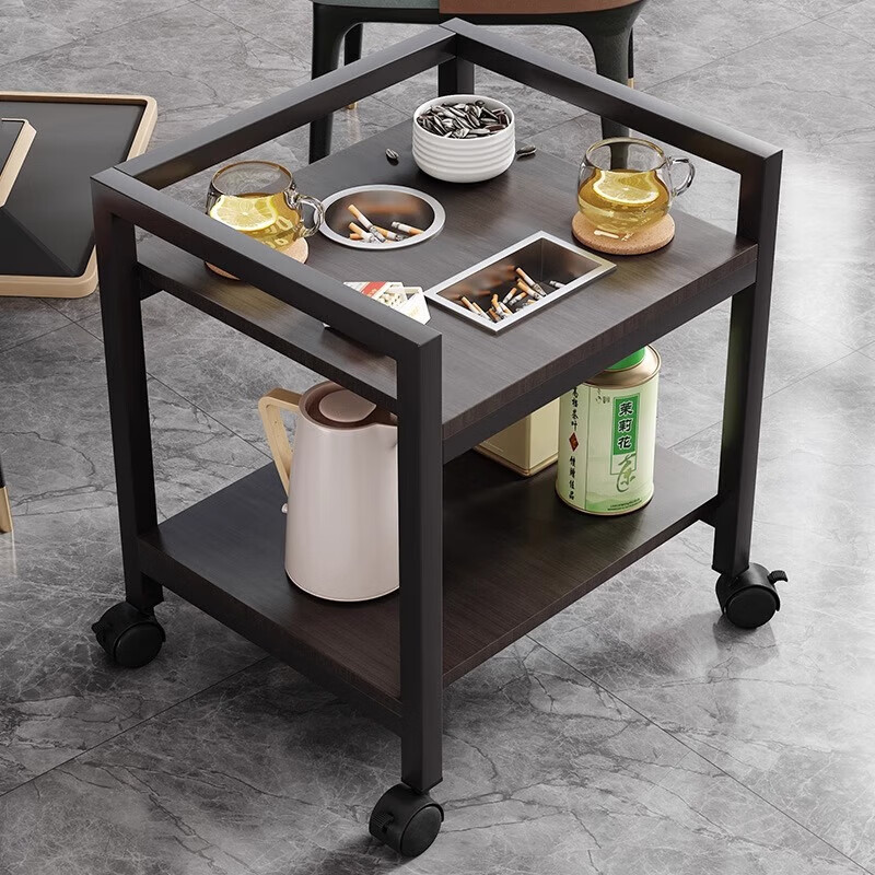 JD Logistics Mahjong table coffee table tea rack chess and card room special side table removable storage shelf side table single cylinder with wheels black frame black 45*34*57