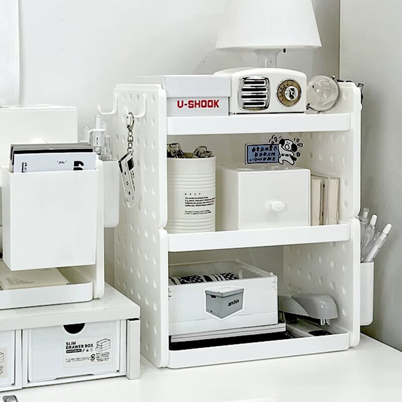 Weici desktop storage rack desk bookshelf storage rack office student dormitory bookshelf double-layer storage hole board with hook storage rack off-white 2 layers (1 bucket + 3 hooks + 1 sticker)