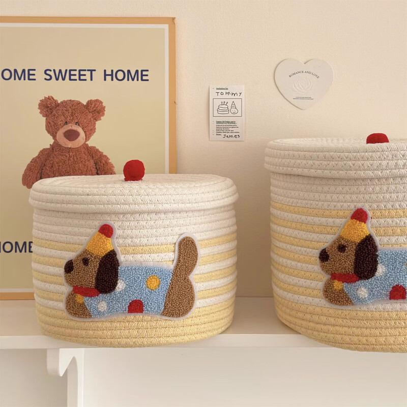 Fanye's polka-dot puppy woven storage basket household dust-proof covered snacks and miscellaneous storage basket large-capacity toy storage box