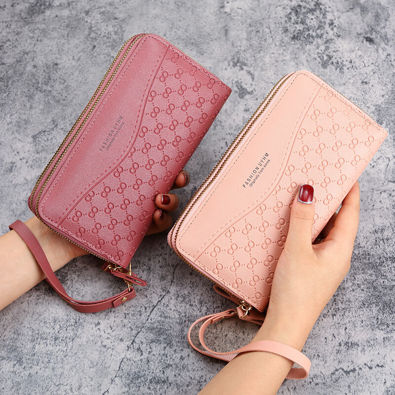 Muni 2026 New Wallet Women's Long Zipper Wallet Embossed Large Capacity Mom Mobile Phone Coin Clutch Passport Double-layer Zipper Wallet Pink 19.5*3.5*10
