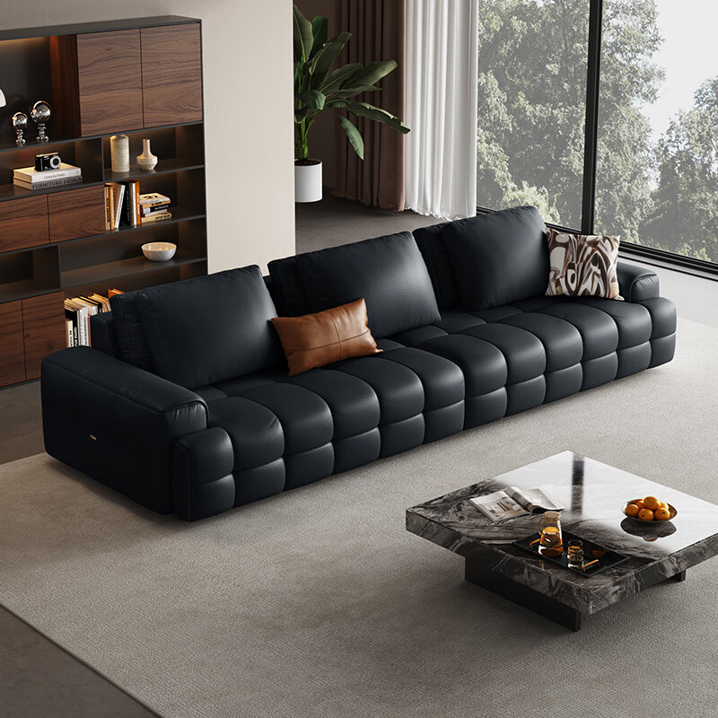 KUKA Full Green Leather Lawrence Feather Filled Backrest Sofa 1286 Glazed Jet Black Large Three-Seat 3.04m