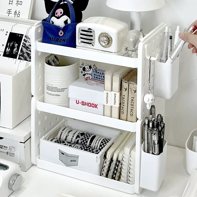 Weici desktop storage rack desk bookshelf storage rack office student dormitory bookshelf double-layer storage hole board with hook storage rack off-white 2 layers (1 bucket + 3 hooks + 1 sticker)