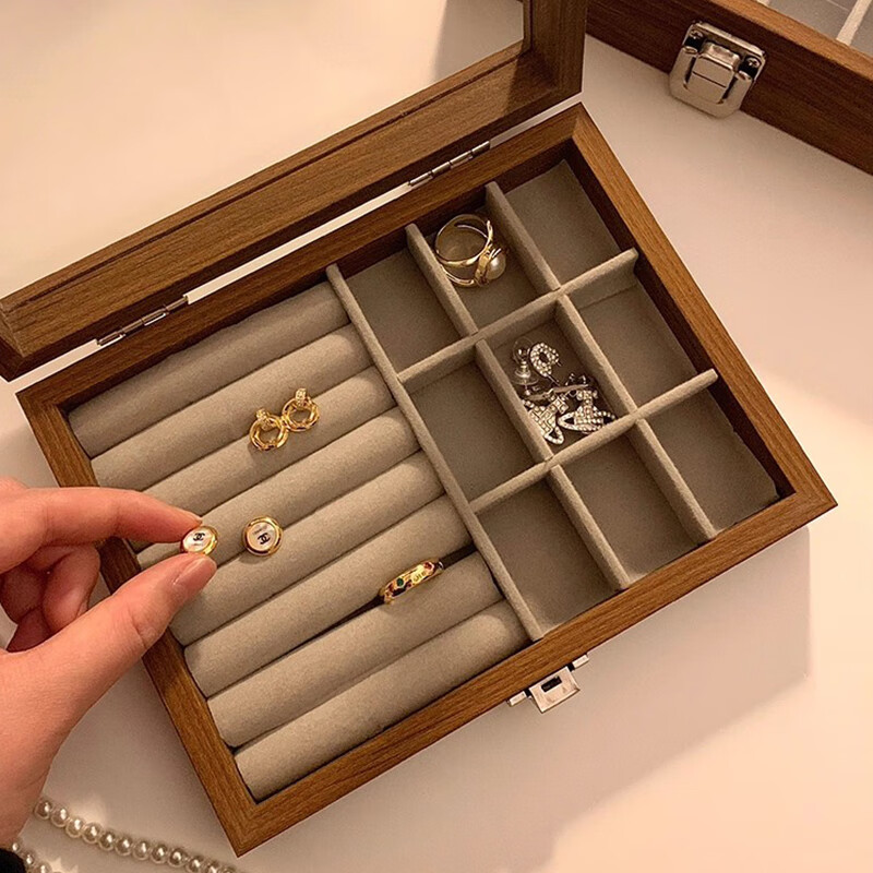 Forty Thousand Kilometers Jewelry Storage Box High-end Exquisite Jewelry Necklace Rings Earrings Earrings Display Large Capacity Wooden Single-layer Tray