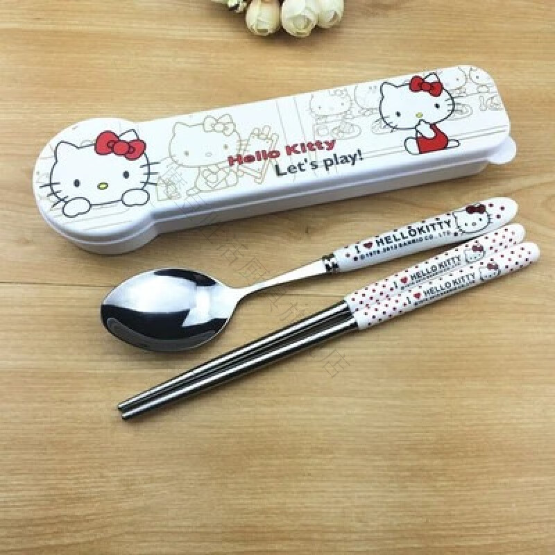 Magic Bean Shenghuo Cute Cartoon Hello Kitty Chopsticks and Spoon Three-piece Stainless Steel Set Portable Travel Tableware for Office Workers and Students Hello Kitty Spoon and Chopsticks Two-piece Set + Box