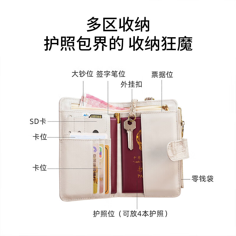 ZEFER crocodile leather wallet women's new multi-functional passport bag card bag fashionable travel portable ticket holder gift for girlfriend noble and elegant white