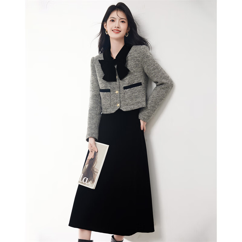 Xinfeiyu Xiaoxiangfeng velvet skirt wool short coat two-piece suit for women in autumn and winter, a complete set of high-end and foreign styles for ladies