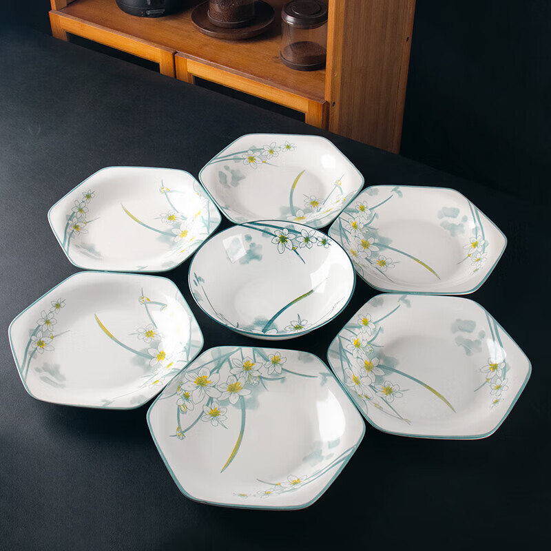 Bowl and dish set household hexagonal platter soup bowl set new high-value ceramic underglaze color tableware bowl and plate set Narcissus series 6+1 set