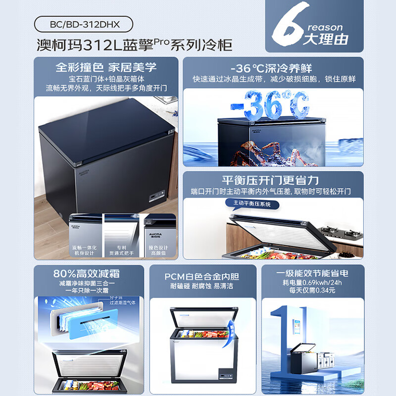 AUCMA Lanqing series 312 liter single temperature household frost-reducing small freezer refrigerator freezer ultra-low temperature electronically controlled horizontal refrigerator first-class energy efficiency BC/BD-312DHX trade-in